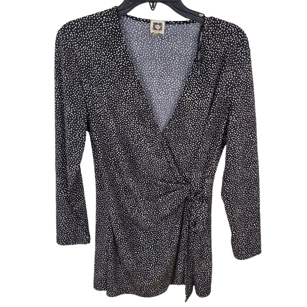 Anne Klein Black Dotted Long-sleeve Faux Wrap Top M